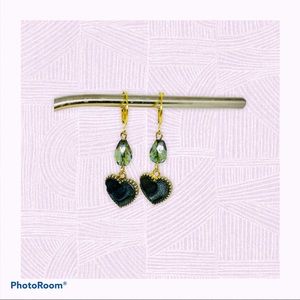 Green Czech Glass Earrings, Heart Oil Drop Dangles